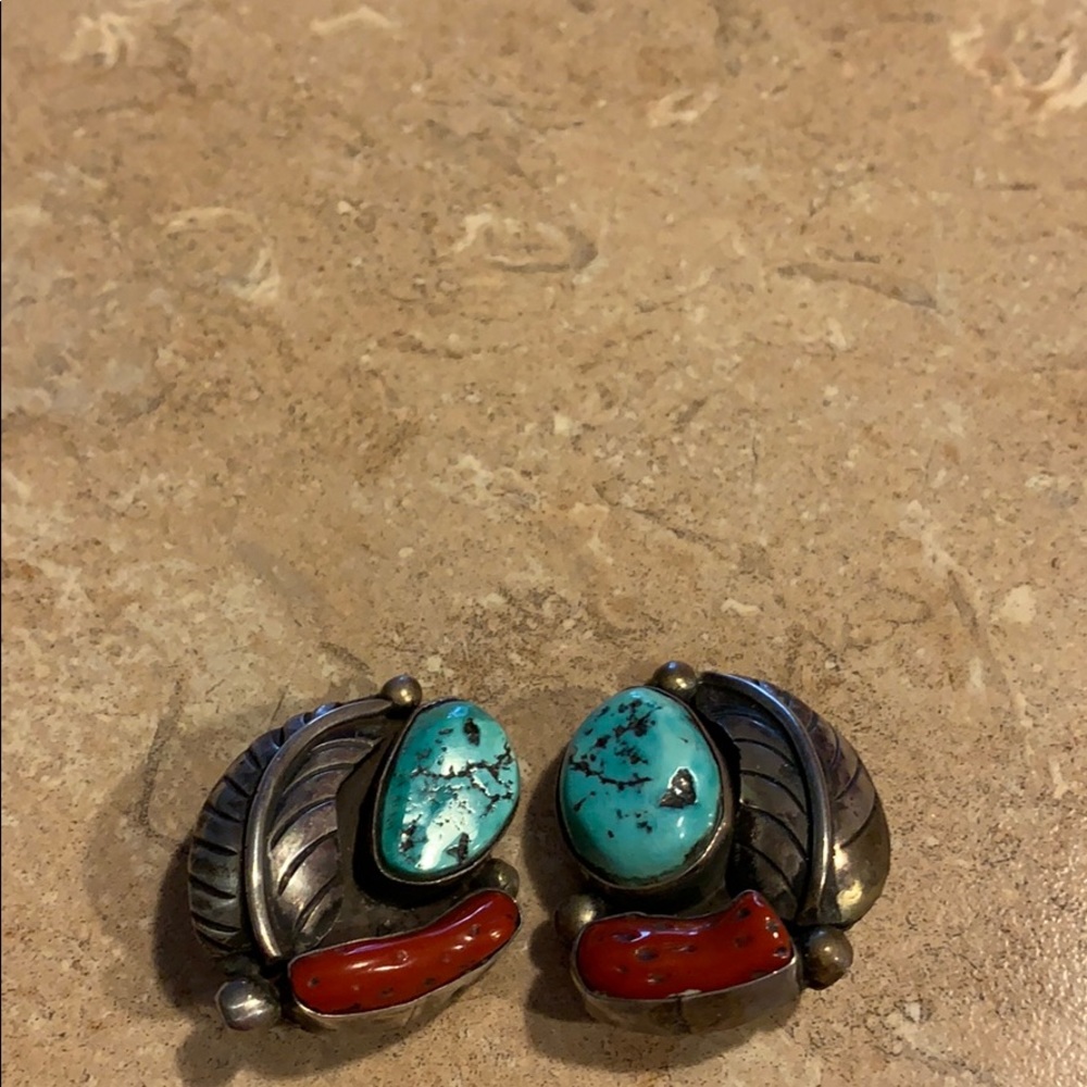 Sterling Silver Turquoise, Red Coral clip earrings